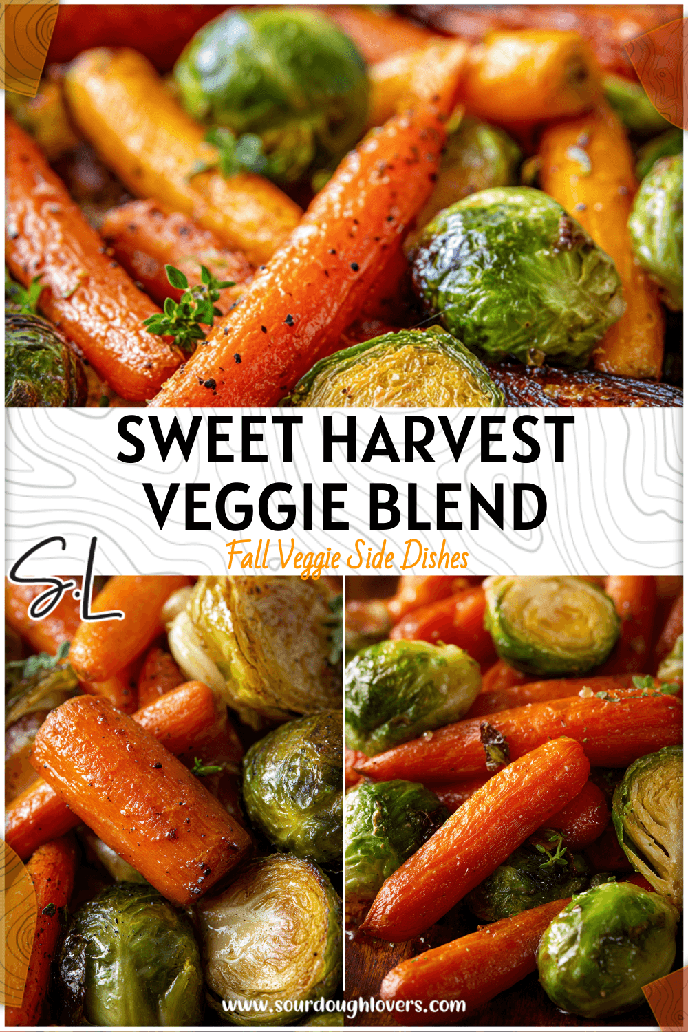 Close-up of harvest glazed carrots and brussel sprouts roasted with maple glaze.